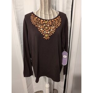 NWT DG2 Diane Gilman Women's Brown Long Sleeve Top Wood Beading Design Boho 2X